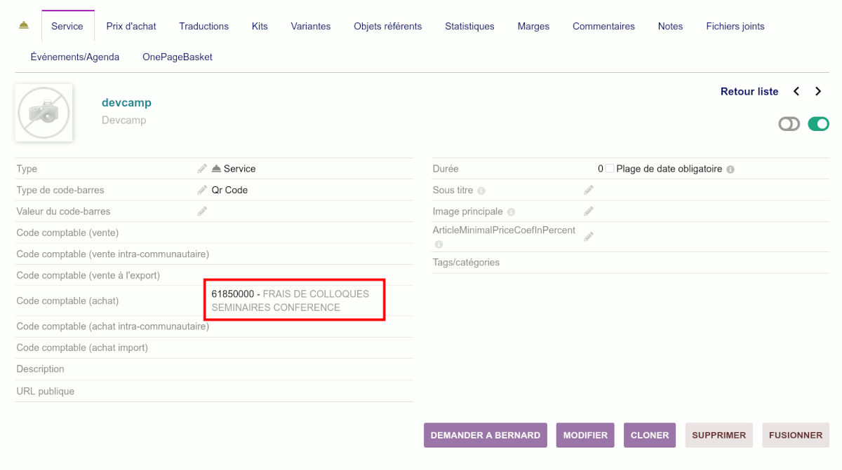 Code comptable appliqué